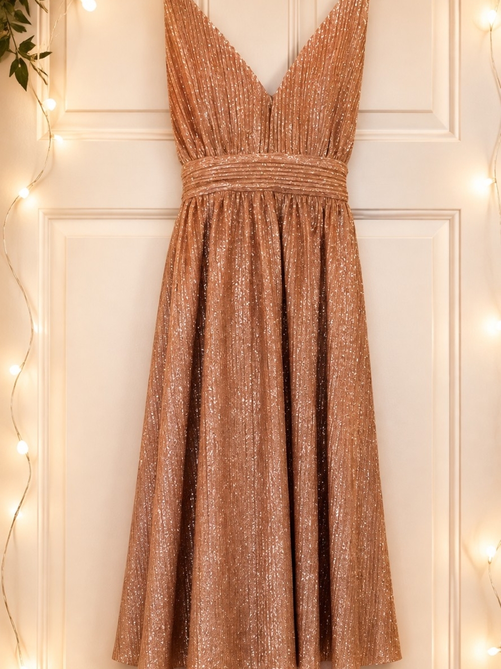 Trixxi Rose Gold Metallic Pleated Skater Dress Shimmer V-Neck Coquette Dress 9